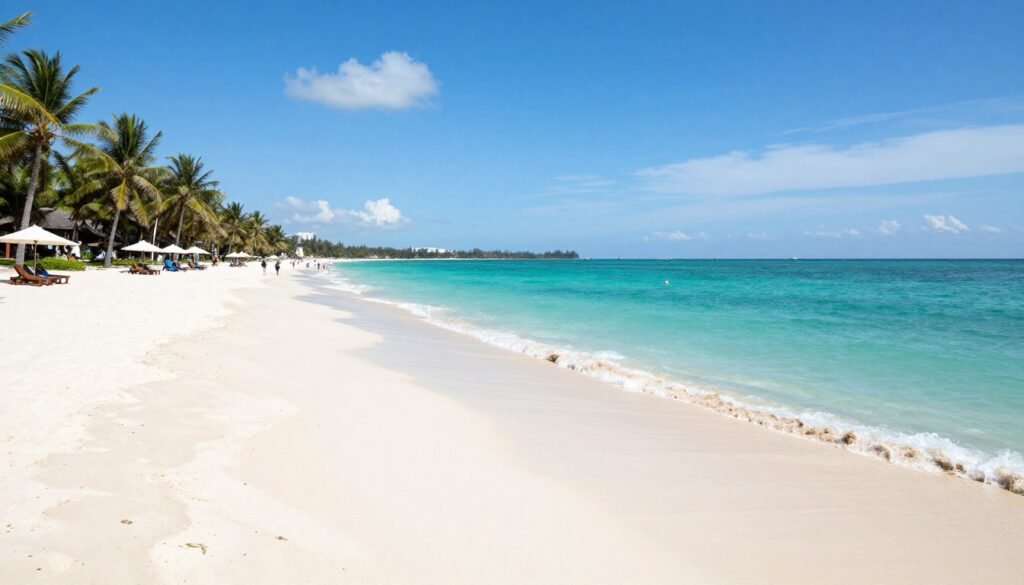 My Khe Beach Danang with white sand, turquoise waters, and palm trees