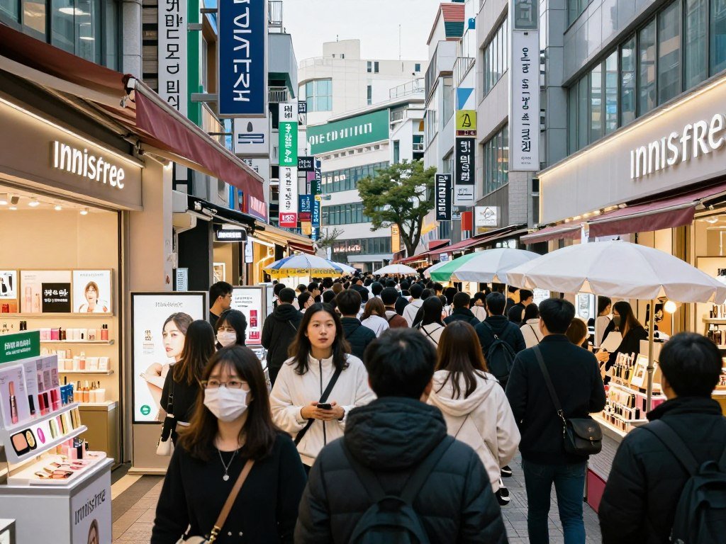 Myeongdong shopping street crowded with shoppers and cosmetic stores