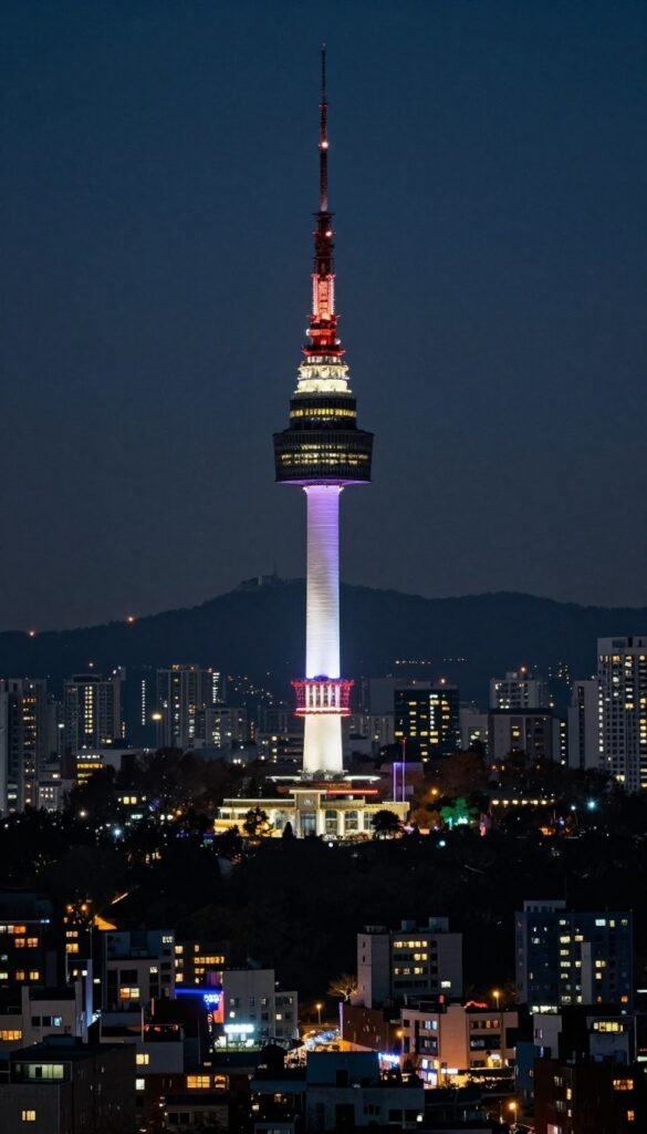 N Seoul Tower illuminated at night on Namsan Mountain
