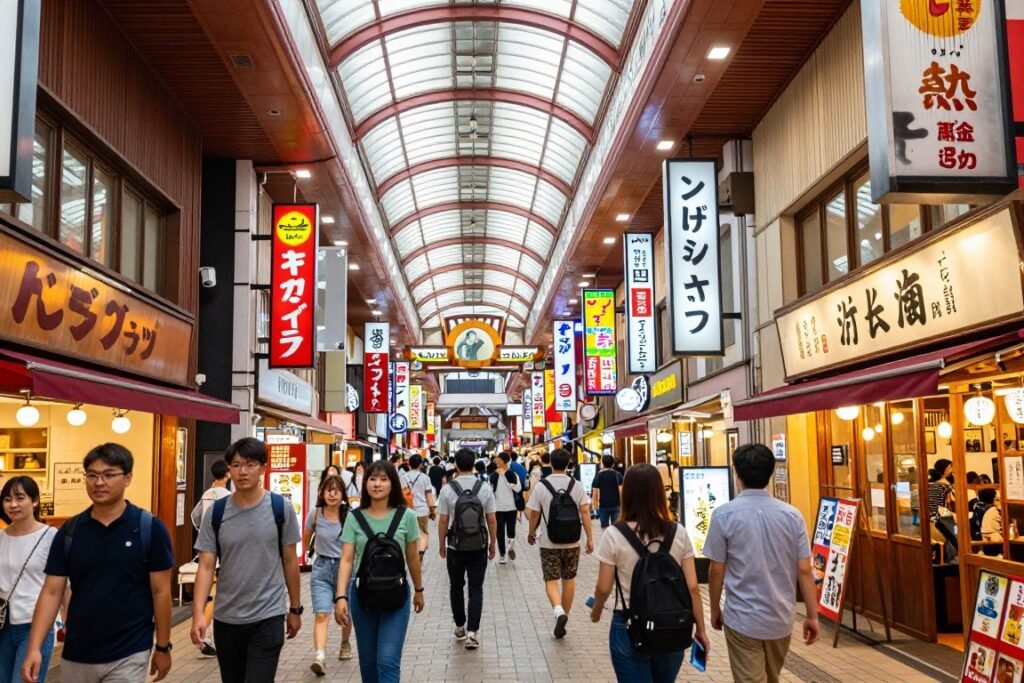 Namba district street view with shopping arcades and neon signs