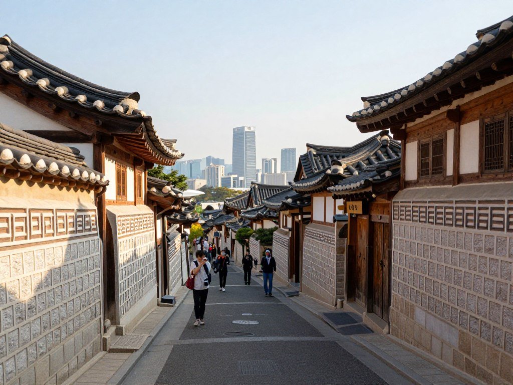 Narrow alley in Bukchon Hanok Village with traditional Korean houses and modern Seoul skyline in background