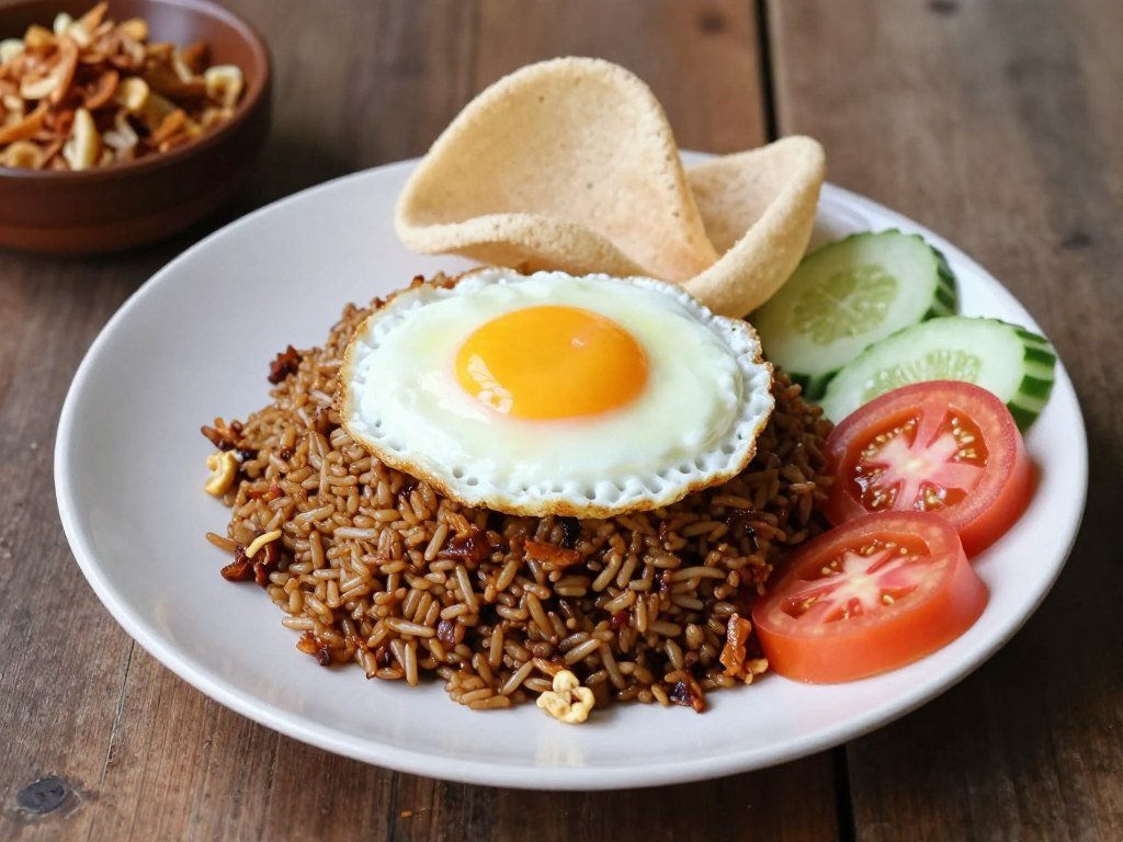 Nasi goreng with fried egg, prawn crackers, and vegetables