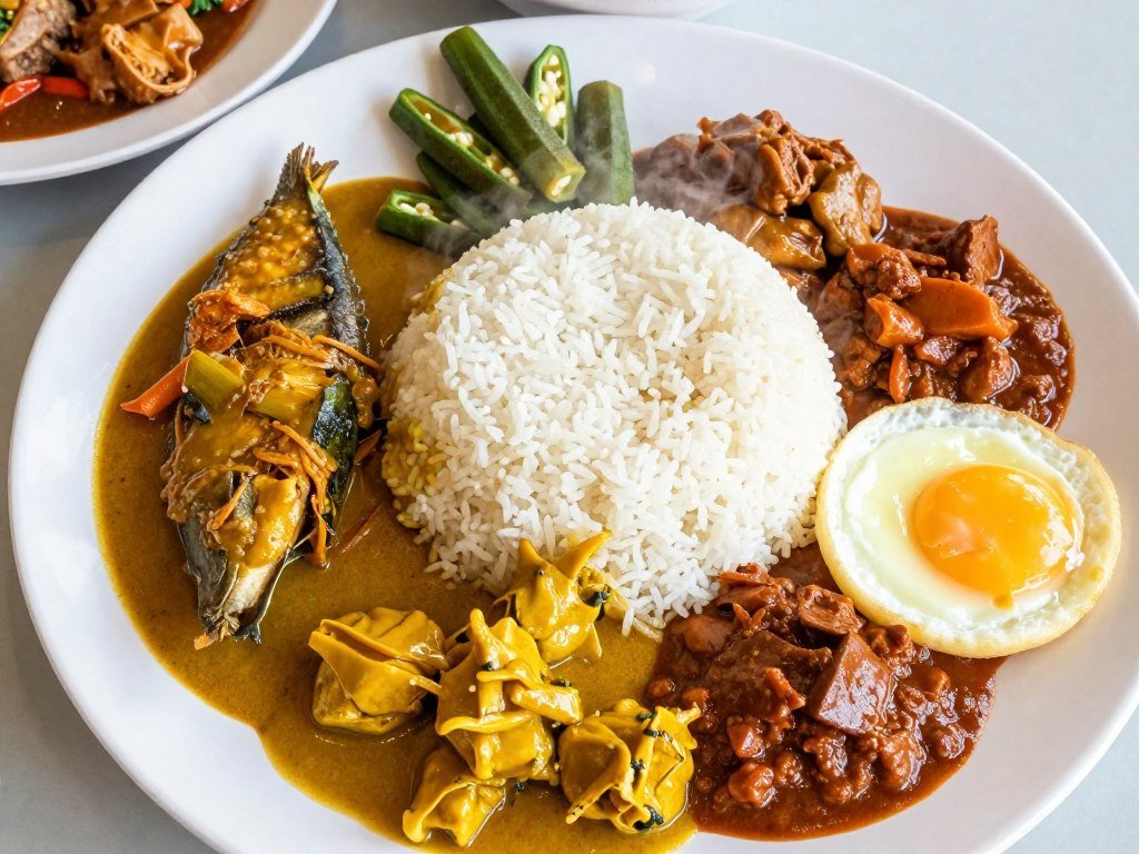 Nasi kandar plate with white rice and multiple curry dishes