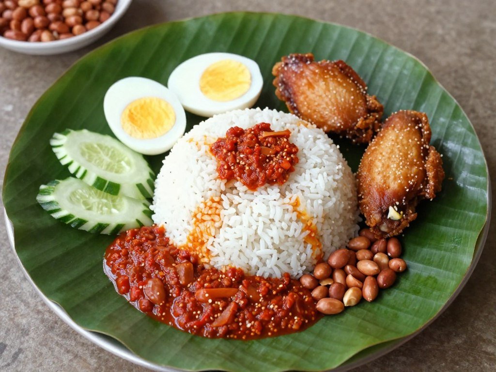 Nasi lemak served on banana leaf with sambal, fried chicken, cucumber, and egg