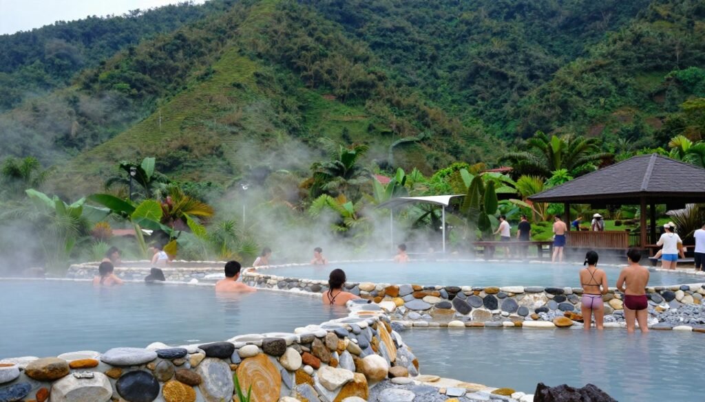 Natural hot spring pools in Ciwidey with mountain backdrop