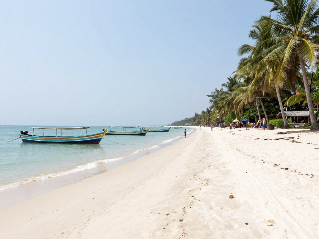 Ngapali Beach Myanmar with fishing boats and palm groves Ngapali Beach Myanmar with fishing boats and palm groves