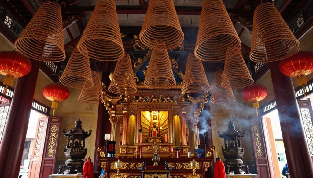 Nghia An Hoi Quan Pagoda interior with incense coils