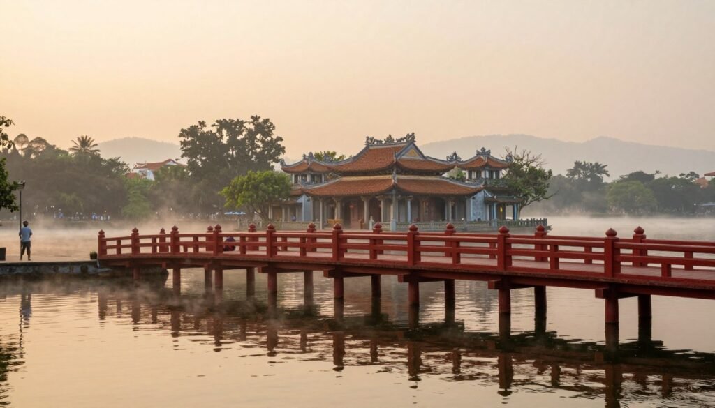 Ngoc Son Temple on Hoan Kiem Lake at sunrise with red bridge and peaceful morning atmosphere