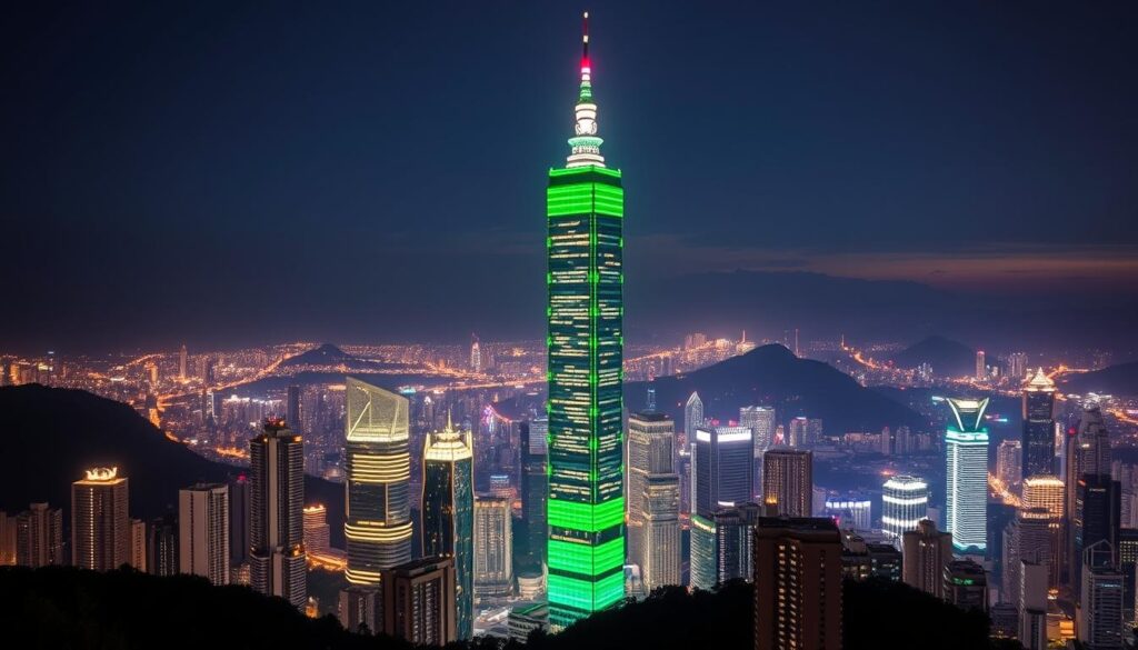 Night view of Taipei 101 tower illuminated against the city skyline