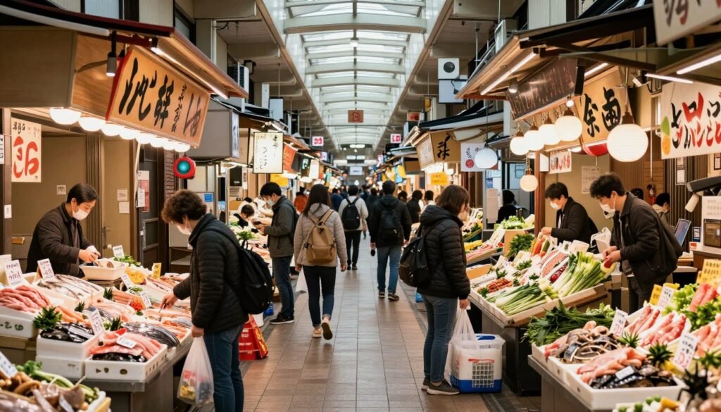 Nishiki Market covered arcade crowded with shoppers and food stalls Nishiki Market covered arcade crowded with shoppers and food stalls
