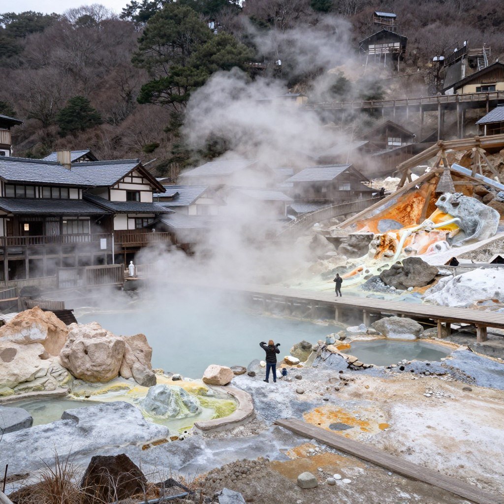 Noboribetsu hot spring town with steam rising