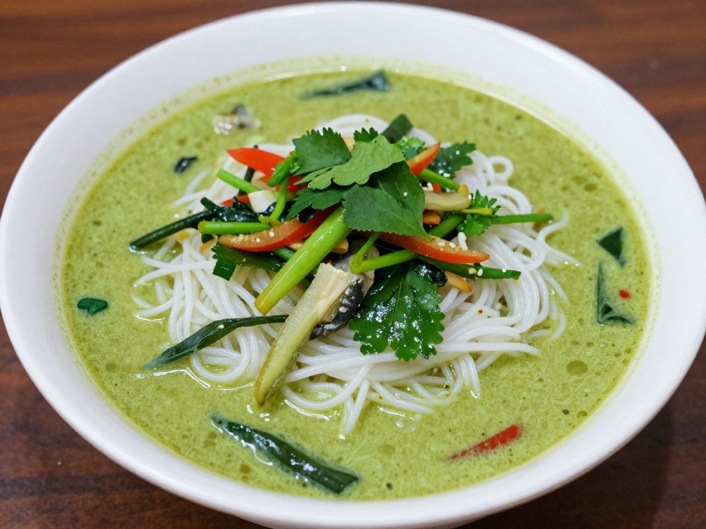 Nom banh chok Khmer noodles with green curry