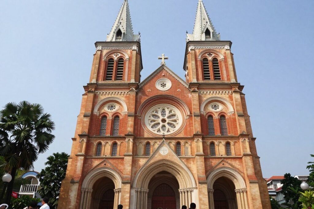 Notre Dame Cathedral Saigon with red brick facade