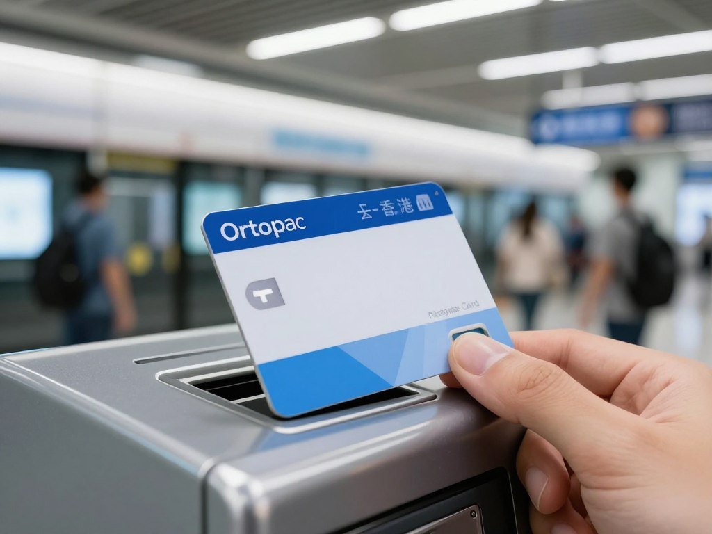 Octopus Card for Hong Kong public transportation showing the card on MTR station reader