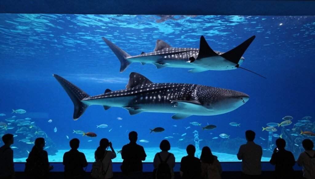 Okinawa Churaumi Aquarium main tank with whale sharks Okinawa Churaumi Aquarium main tank with whale sharks