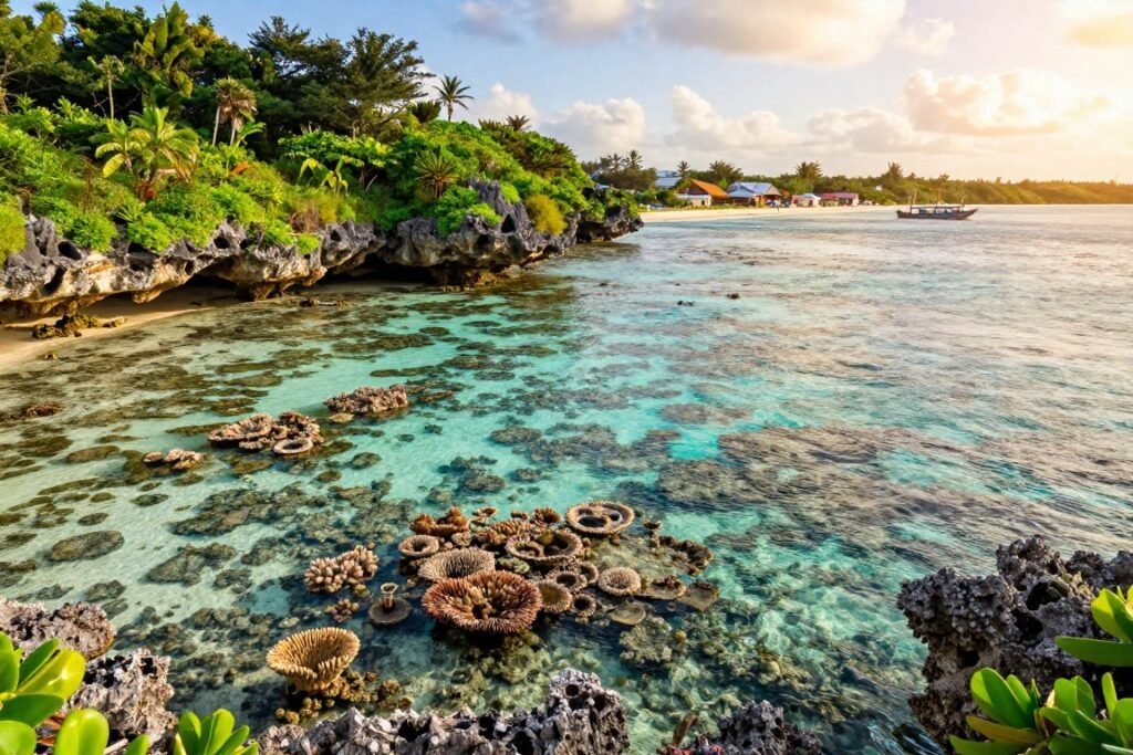 Okinawa island landscape showing coral reefs and tropical vegetation Okinawa island landscape showing coral reefs and tropical vegetation