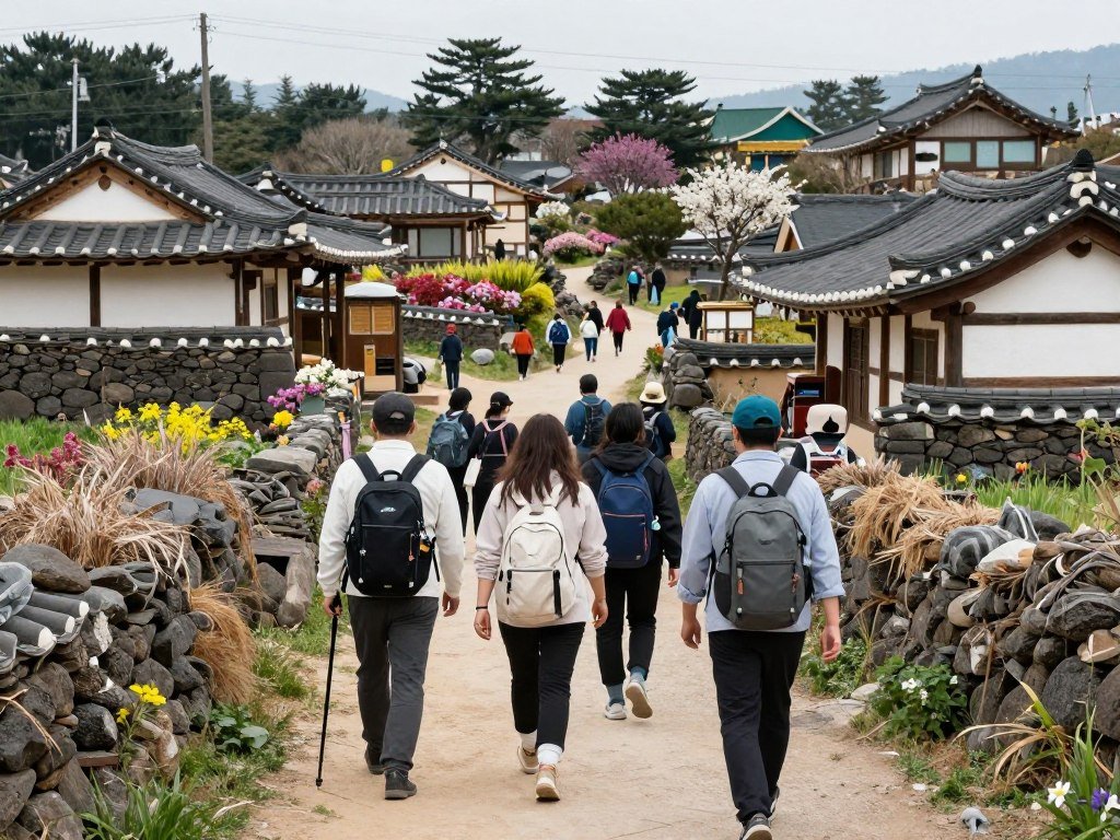 Olle trail hikers walking through traditional Jeju village
