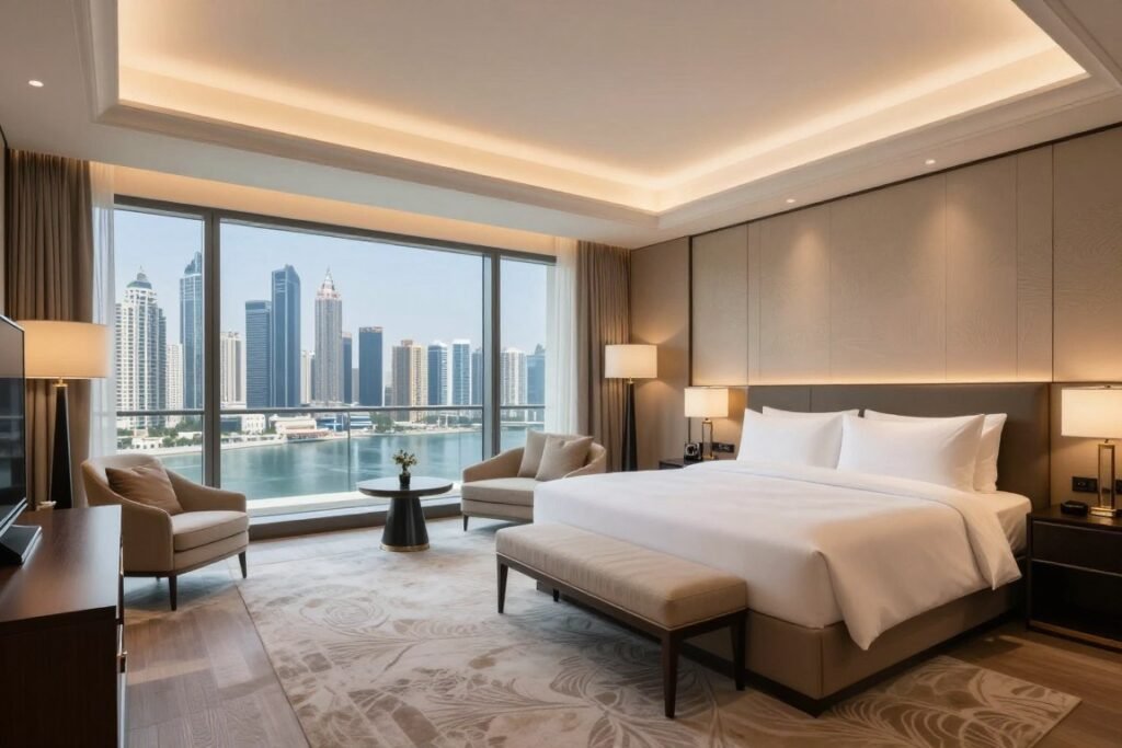Opulent hotel suite interior with Dubai skyline view Opulent hotel suite interior with Dubai skyline view