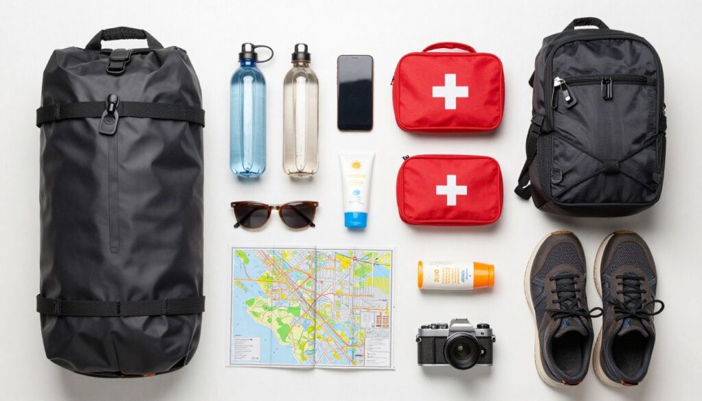 Organized travel gear for Bali hidden gem exploration