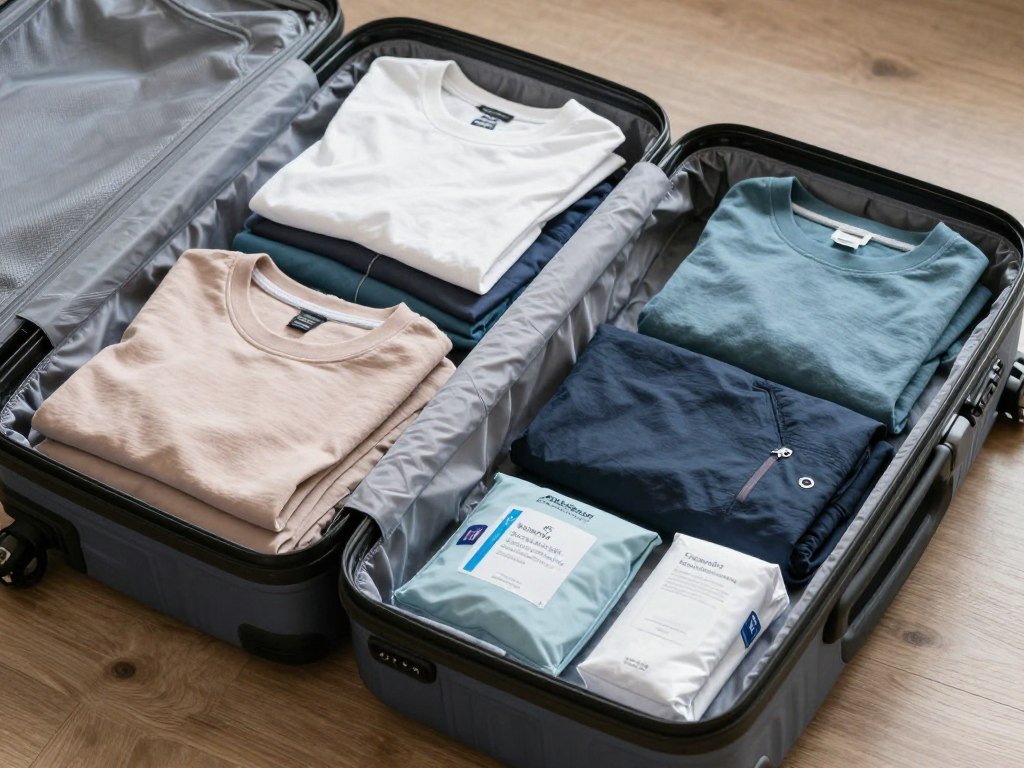Organized travel luggage with clothes and essentials