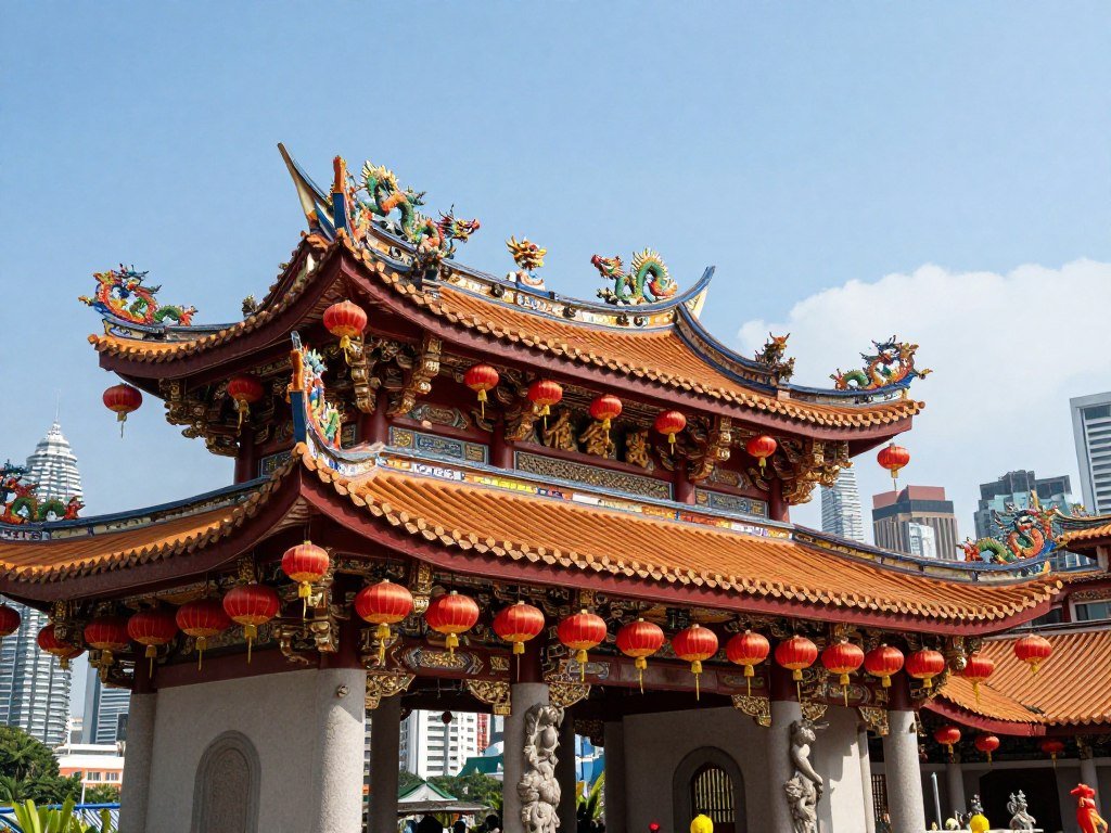 Ornate Chinese temple architecture of Thean Hou Temple with red lanterns and city views
