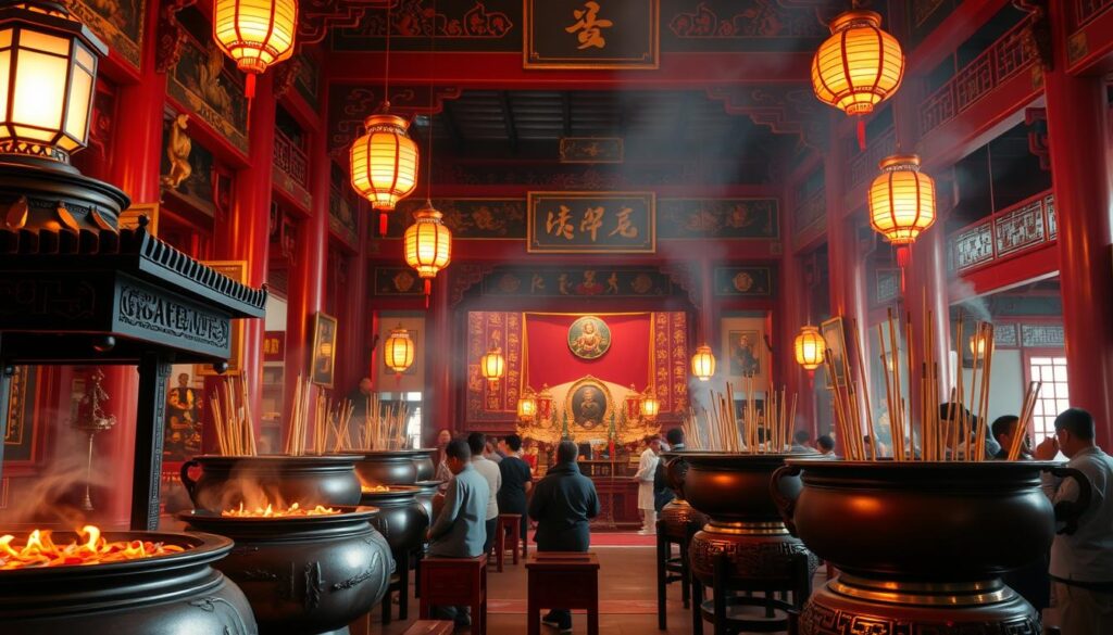 Ornate Taiwanese temple with incense burning and worshippers