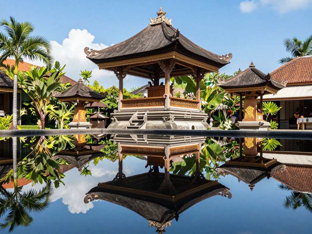 Ornate pavilion at Taman Ujung reflected in still water