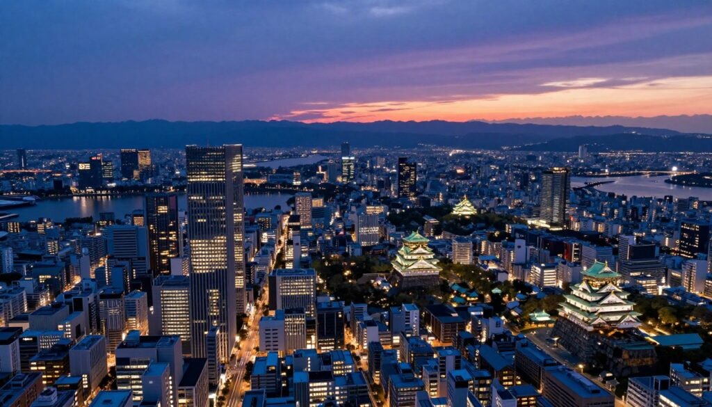 Osaka cityscape from above showing blend of traditional and modern architecture