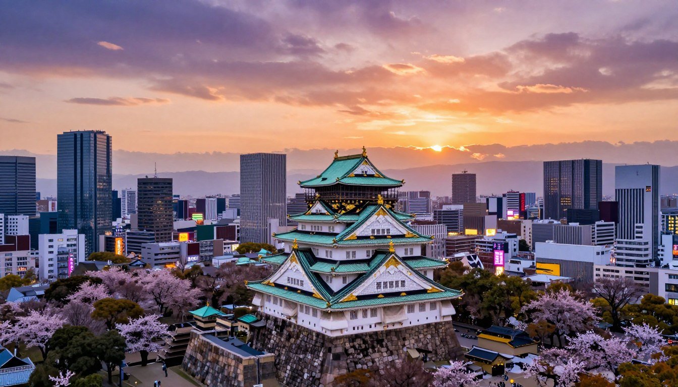 Osaka skyline featuring iconic Osaka Castle and modern skyscrapers during sunset