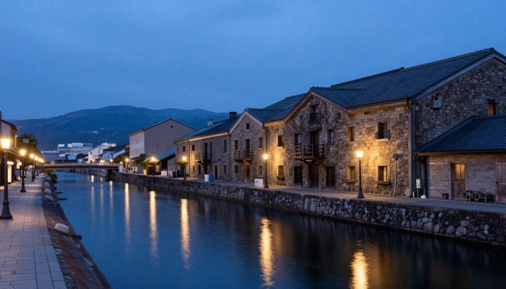 Otaru Canal lined with historic warehouses at twilight