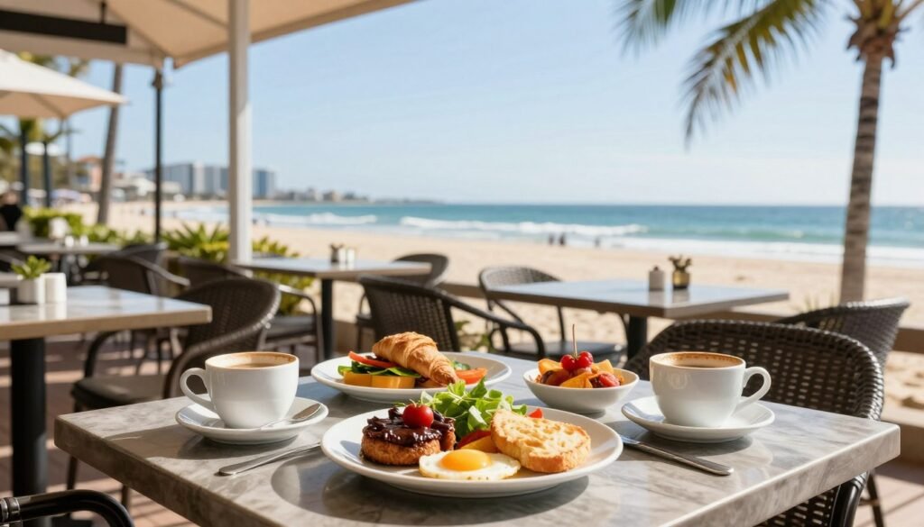 Outdoor cafe with ocean view serving breakfast on Gold Coast