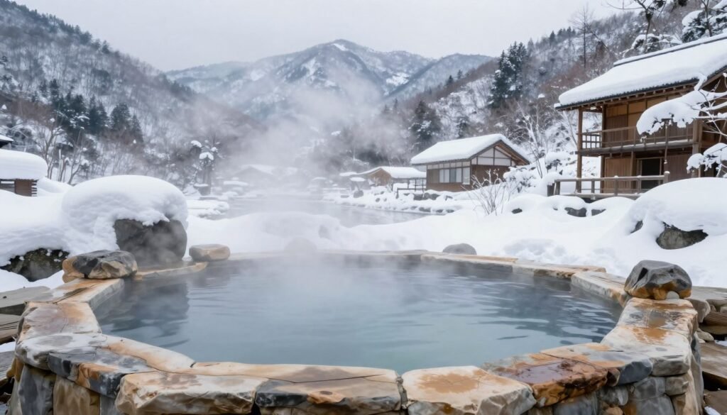 Outdoor rotenburo hot spring bath with snow and mountain views