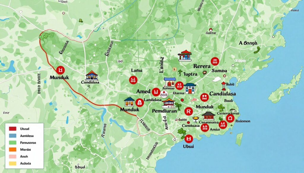 Overview of recommended accommodation areas across Bali