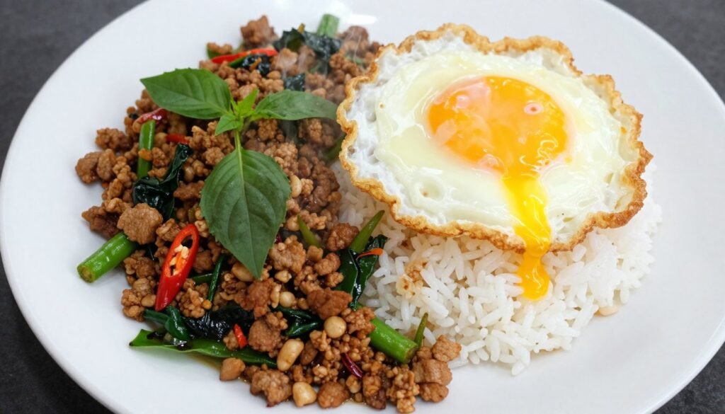 Pad krapow moo pork basil stir fry with fried egg over rice showing popular Bangkok street food meal