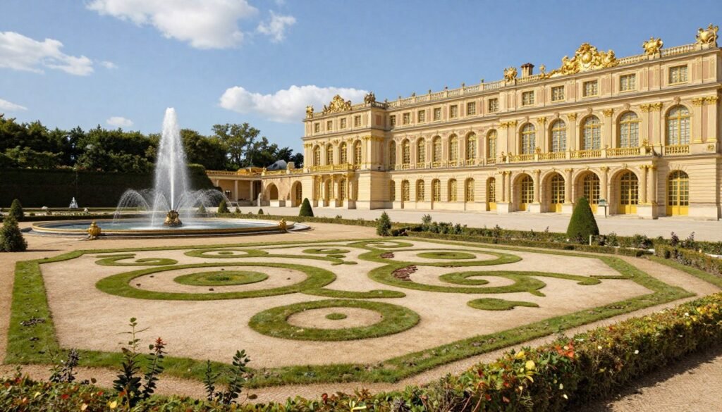 Palace of Versailles with ornate facade and formal gardens