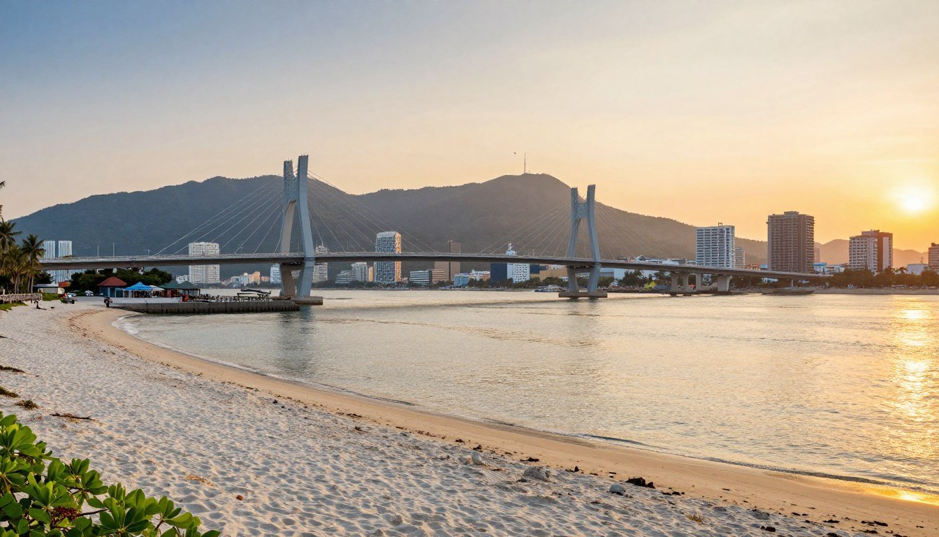 Panoramic view of Danang coastline with Dragon Bridge and My Khe Beach at sunset