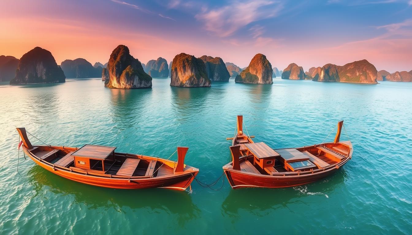 Panoramic view of Ha Long Bay, Vietnam with limestone karsts rising from emerald waters - Vietnam Travel Guide