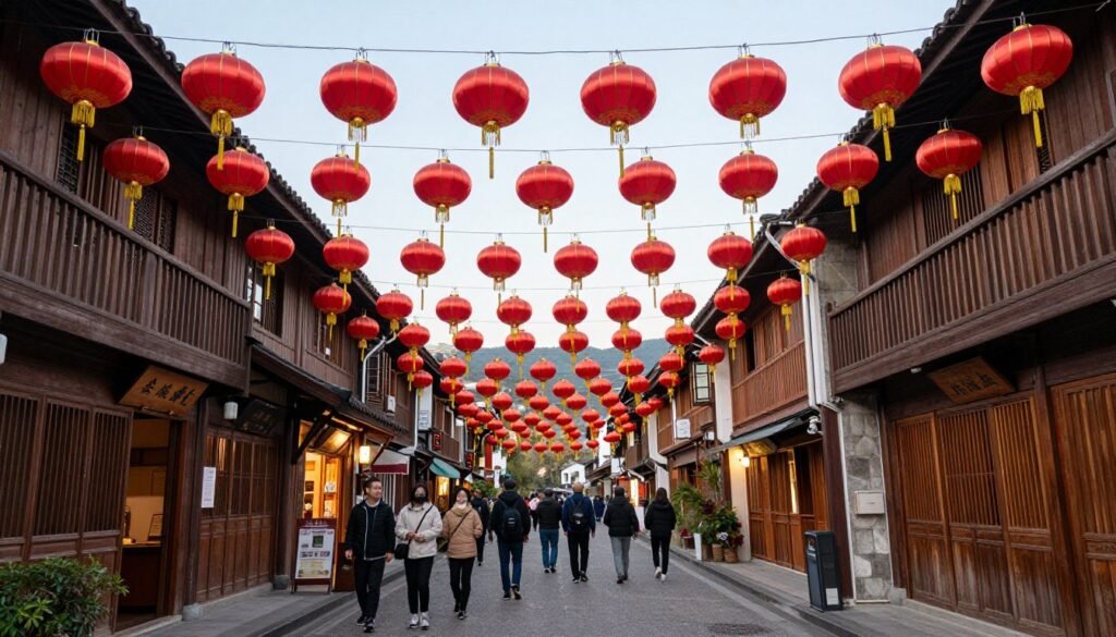 Panoramic view of Jiufen Old Street main alley with red lanterns, food stalls, and crowds
