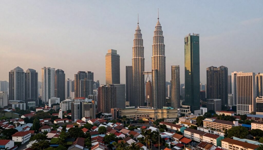 Panoramic view of Kuala Lumpur skyline at dusk with mix of traditional and modern architecture