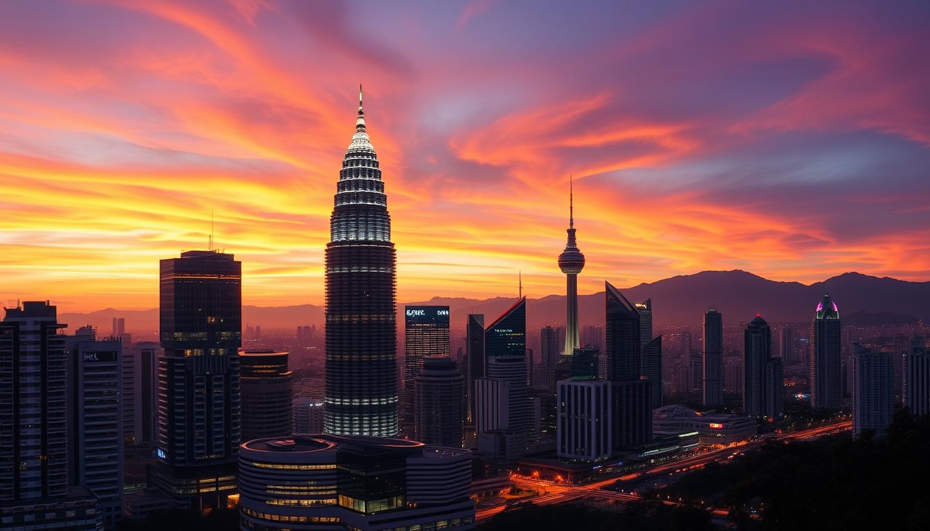 Panoramic view of Kuala Lumpur skyline featuring the iconic Petronas Twin Towers at sunset - Malaysia travel guide