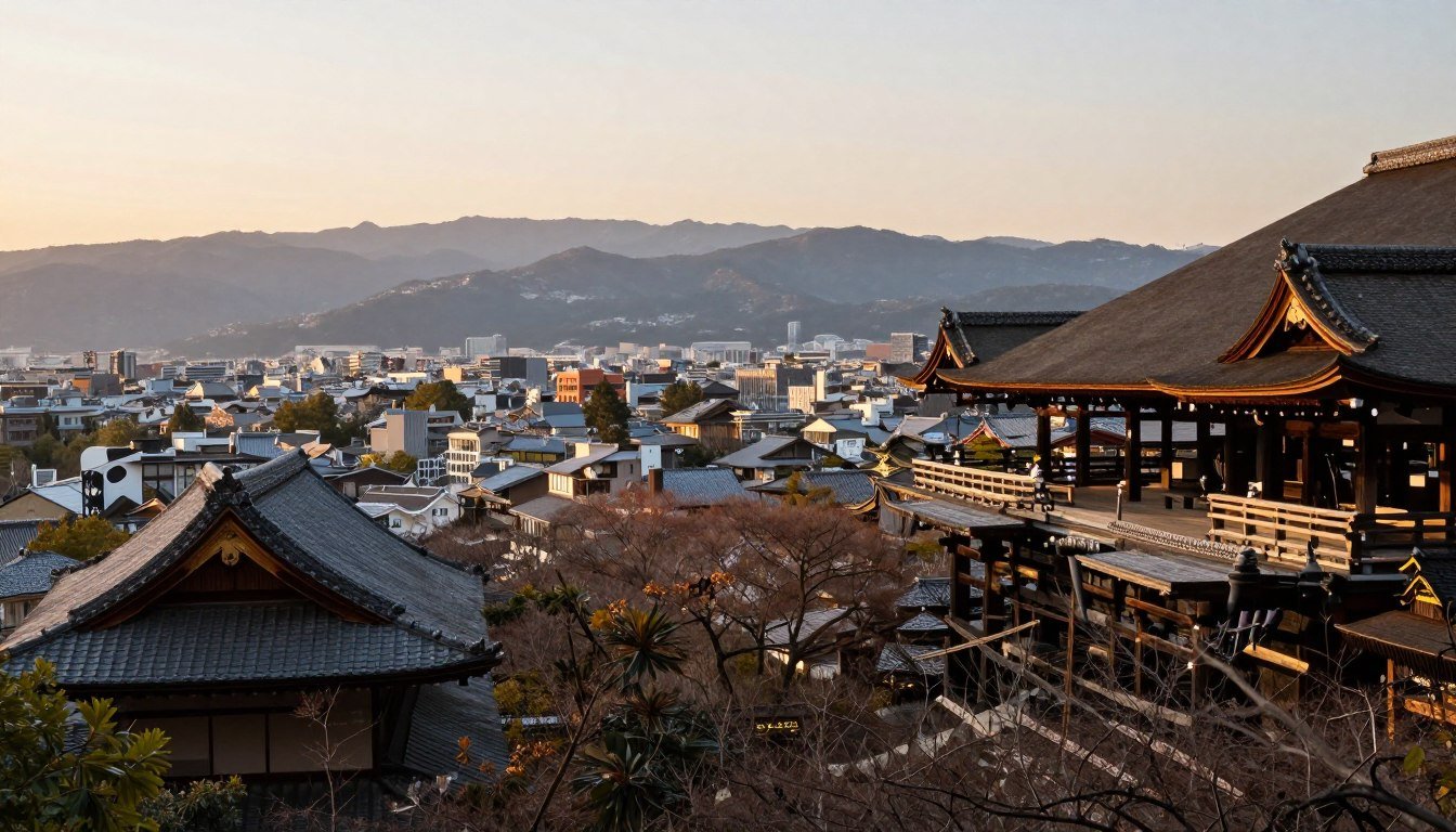 Panoramic view of Kyoto cityscape with traditional temples and modern buildings against mountain backdrop
