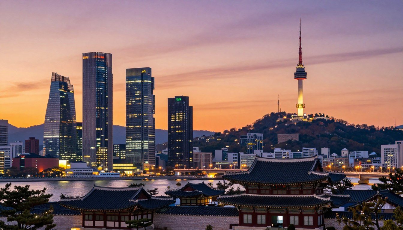 Panoramic view of Seoul cityscape with modern skyscrapers and traditional palaces at sunset