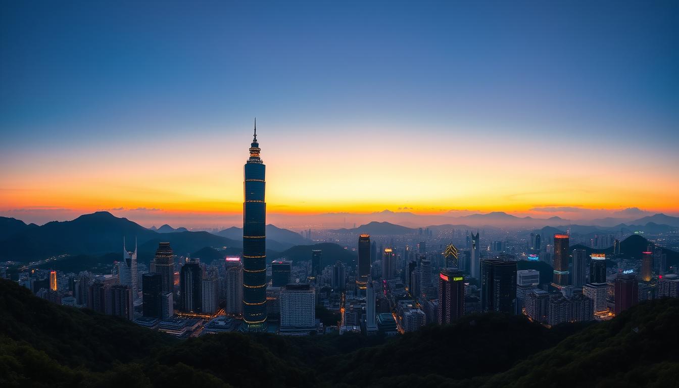 Panoramic view of Taipei city skyline with Taipei 101 tower and surrounding mountains