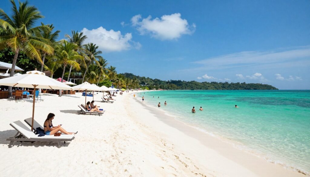 Pantai Cenang beach with white sand and clear turquoise water
