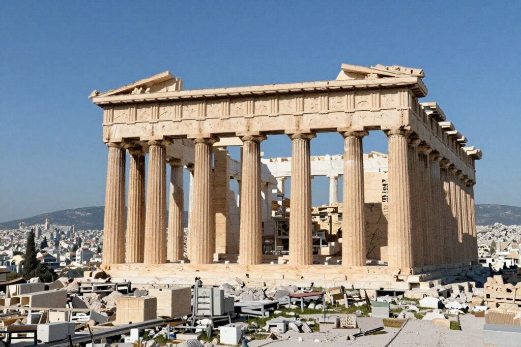 Parthenon temple on Acropolis hill overlooking Athens