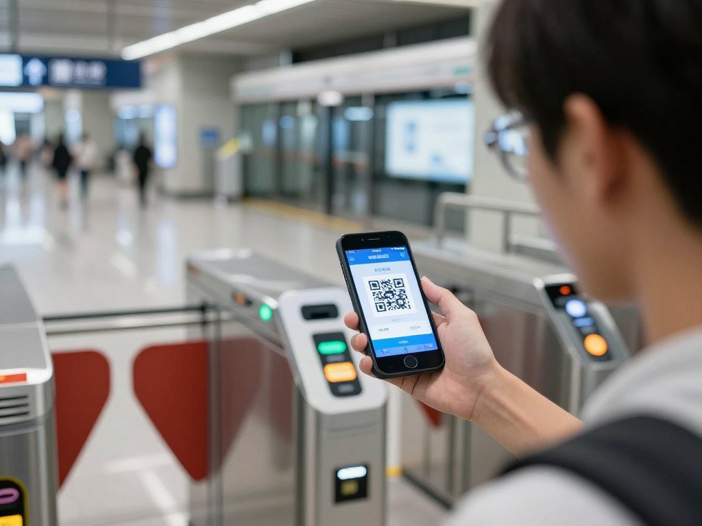 Passenger scanning phone QR code at THSR entry gate
