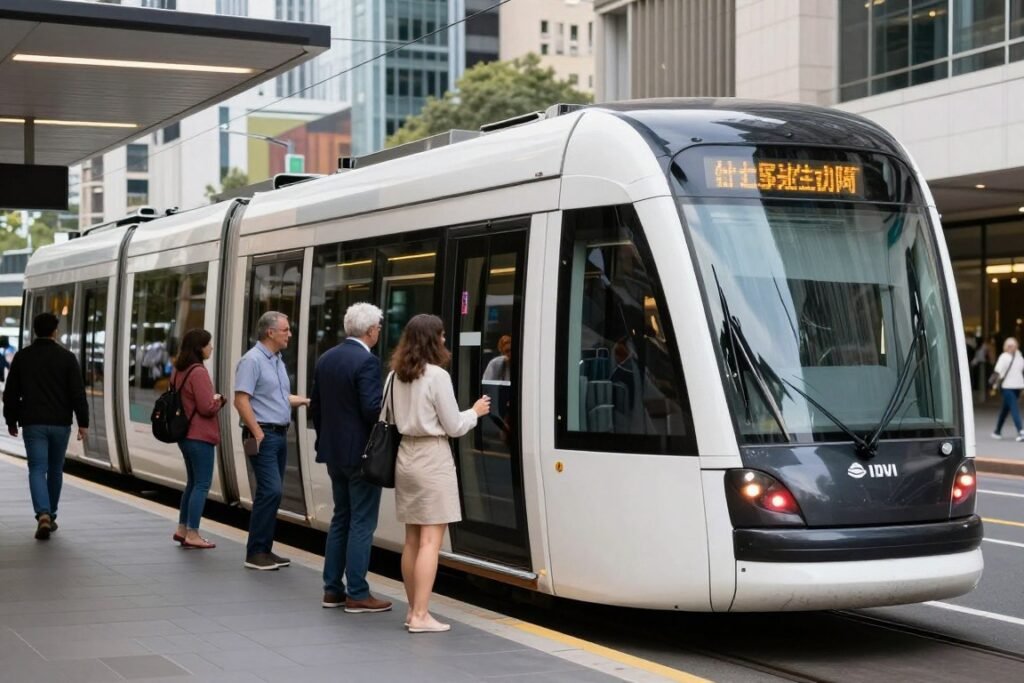 Passengers boarding a modern Melbourne tram