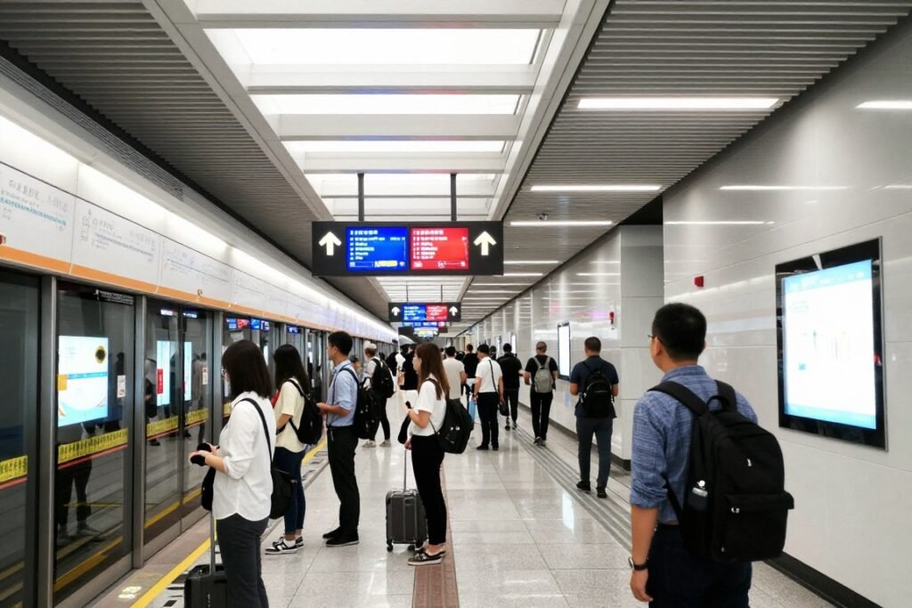 Passengers on Shanghai Metro platform waiting for train