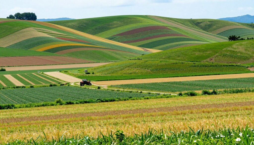 Patchwork hills of Biei with colorful crop fields