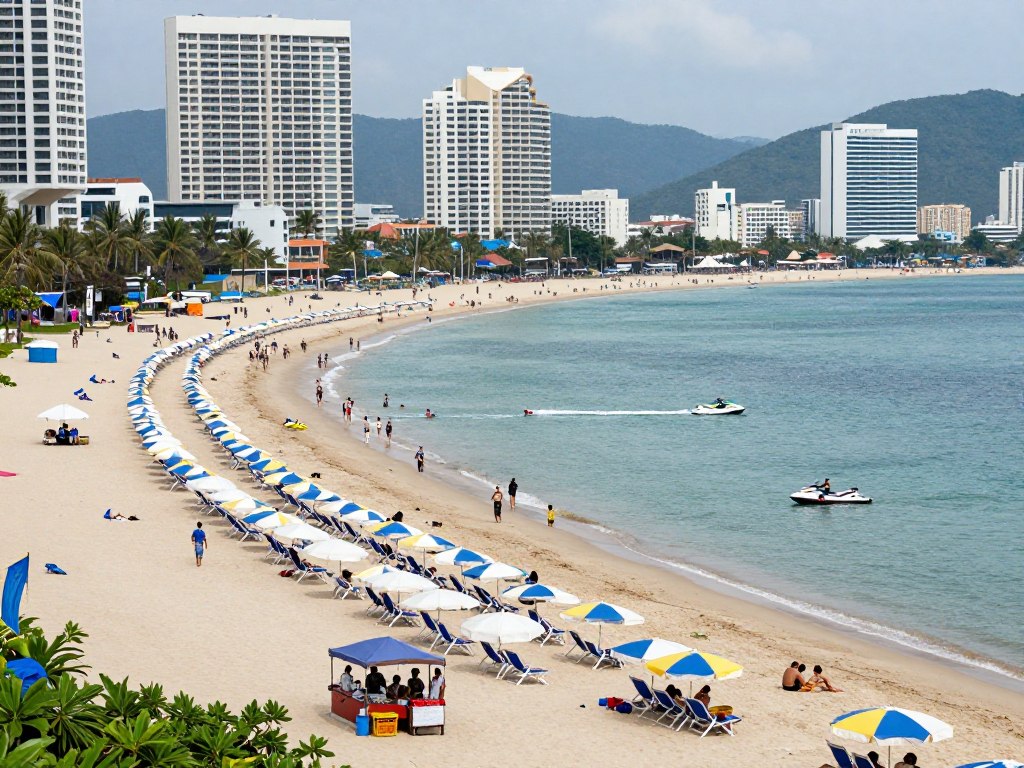 Patong Beach with hotels and umbrellas along the shoreline